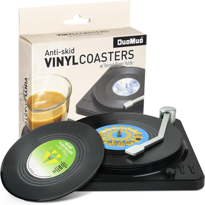  Set of 6 Retro Record Coasters for Drinks with Vinyl Holder