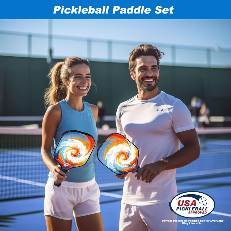 Set of 2 Pickleball Paddles, Lightweight Fiberglass Pickleball Paddles with Bag & Balls