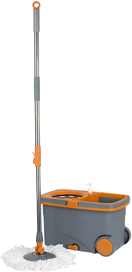 Casabella Microfiber Spin Mop and Bucket System with Replacement Head Refill, Graphite/Orange