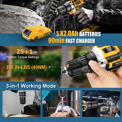 21V Cordless Drill Driver 3/8'' Electric Power Drill Set, 2000Mah Lithium-Ion Battery