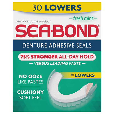 Sea Bond Secure Denture Adhesive Seals, Fresh Mint Uppers, Zinc Free, All Day Hold, Mess Free, 30 Count