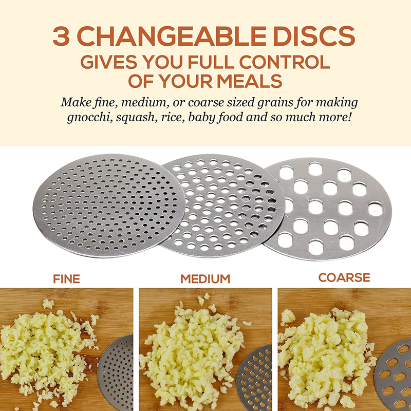 Stainless Steel Potato Ricer - 3 Interchangeable Discs for Fine, Medium, and Coarse