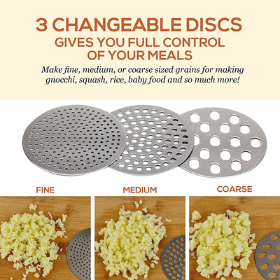 Stainless Steel Potato Ricer - 3 Interchangeable Discs for Fine, Medium, and Coarse