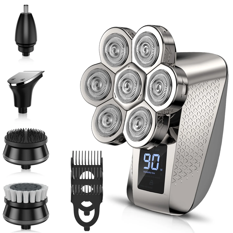 7 in 1 Electric Head Shaver for Men, Cordless Razor IPX7 Waterproof Beard Trimmer USB Rechargeable