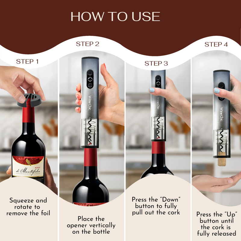 5 Piece Rechargeable Electric Wine Opener Set - Includes Stopper, Pourer, Foil Cutter, Charging Cord (USB-C), Electronic Corkscrew