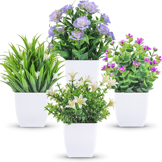 Pack of Mini Artificial Plants with Flowers, Small Faux Plants for Indoor Decor