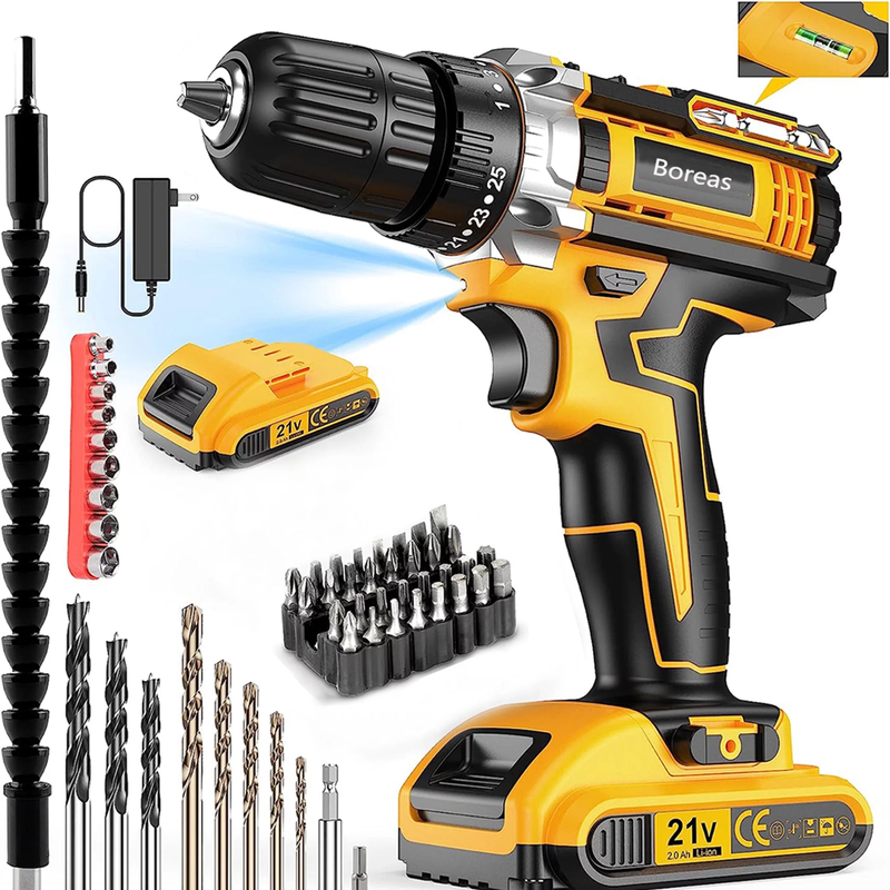 21V Cordless Drill Driver 3/8'' Electric Power Drill Set, 2000Mah Lithium-Ion Battery