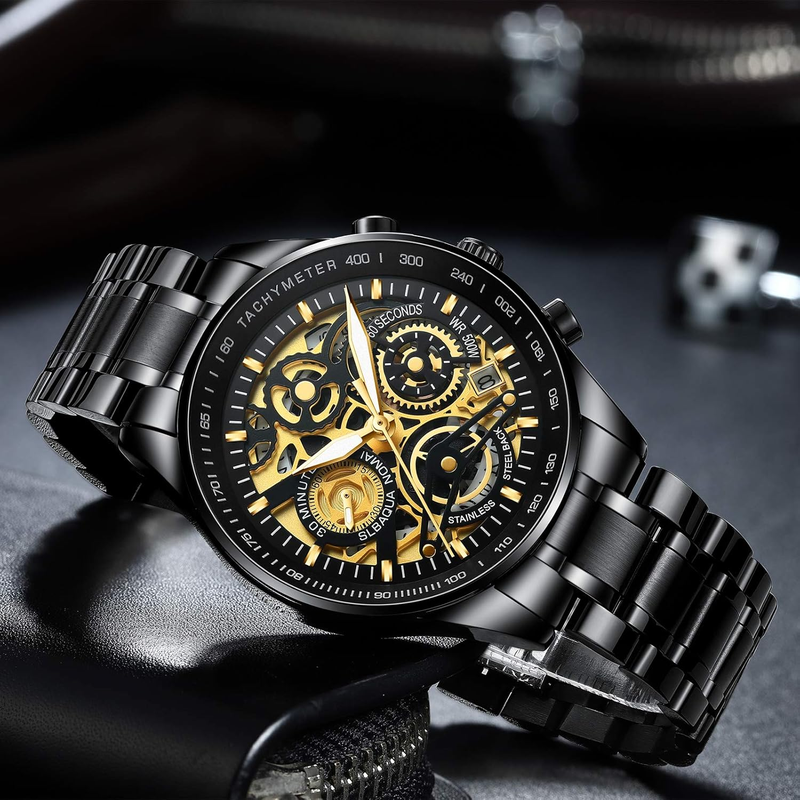 Men's Analog Chronograph Military Watch - Waterproof Quartz Gold Stainless Steel