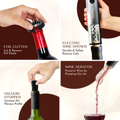 5 Piece Rechargeable Electric Wine Opener Set - Includes Stopper, Pourer, Foil Cutter, Charging Cord (USB-C), Electronic Corkscrew