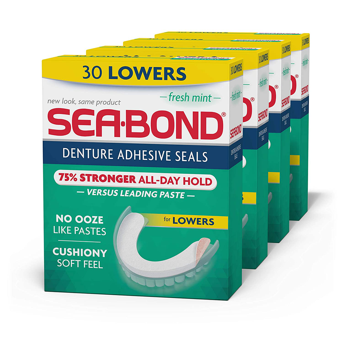 Sea Bond Secure Denture Adhesive Seals, Fresh Mint Uppers, Zinc Free, All Day Hold, Mess Free, 30 Count