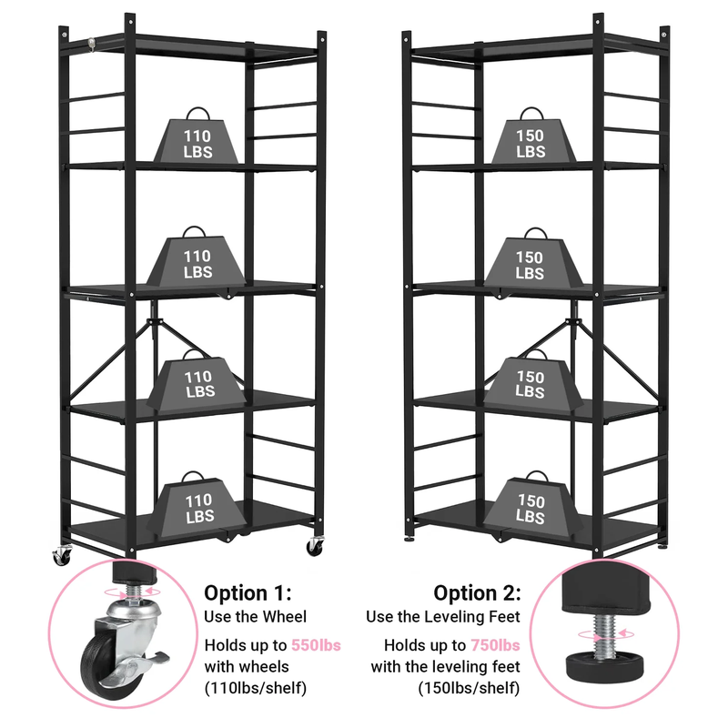 Multi-Tier Storage Shelving Unit - Metal Shelf, Adjustable Height, Foldable Storage Shelf with Wheels