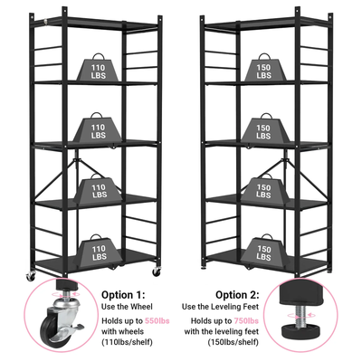 Multi-Tier Storage Shelving Unit - Metal Shelf, Adjustable Height, Foldable Storage Shelf with Wheels