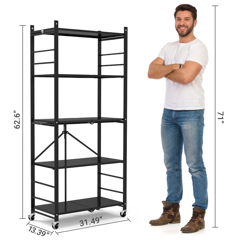 Multi-Tier Storage Shelving Unit - Metal Shelf, Adjustable Height, Foldable Storage Shelf with Wheels