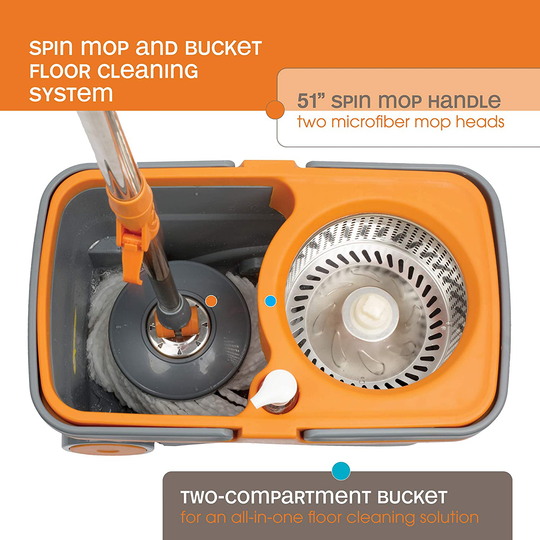 Casabella Microfiber Spin Mop and Bucket System with Replacement Head Refill, Graphite/Orange