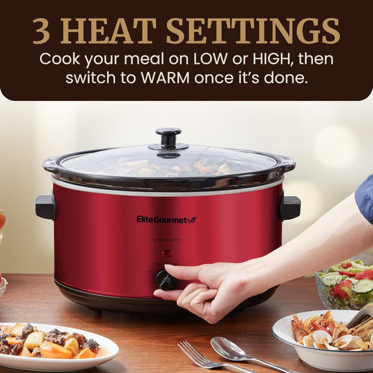 Electric Ceramic XL Slow Cooker – 8.5-Quart Use – Adjustable Temperature for Stews, Sauces & Dips – Dishwasher Safe Glass Lid & Crock – Metallic Red
