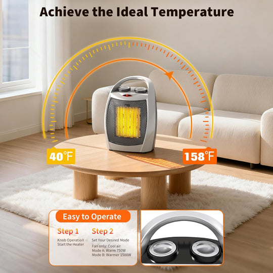 Electric Space Heater – Desktop Heater Fan with Thermostat, Fast Heating, Tip-Over & Overheat Protection, Silver Ceramic