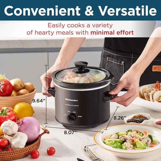 Electric Round Slow Cooker – 2-Quart Use – Adjustable Temperature for Stews, Sauces & Dips – Dishwasher Safe Glass Lid & Crock – Black