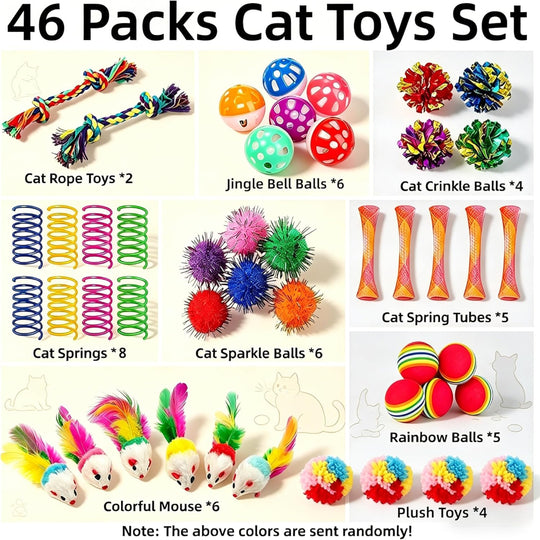 46 Piece Interactive Cat Toy Set with Springs, Balls, Catnip, and Crinkle Toys