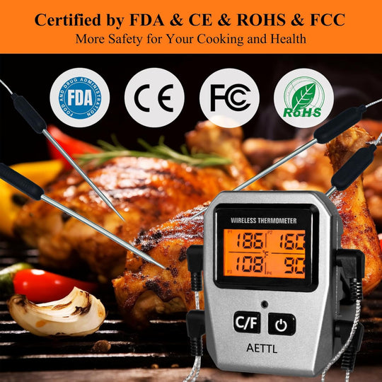 Wireless Digital Meat Thermometer – Instant Read with LCD Display & 4 Stainless Steel Probes, Waterproof Food Thermometer for BBQ, Grill & Kitchen Cooking