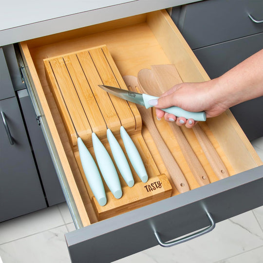 6-Piece Kitchen Knife Set – Space-Saving In-Drawer Organizer – Chef, Bread, Santoku, Utility & Paring Knives, Aqua