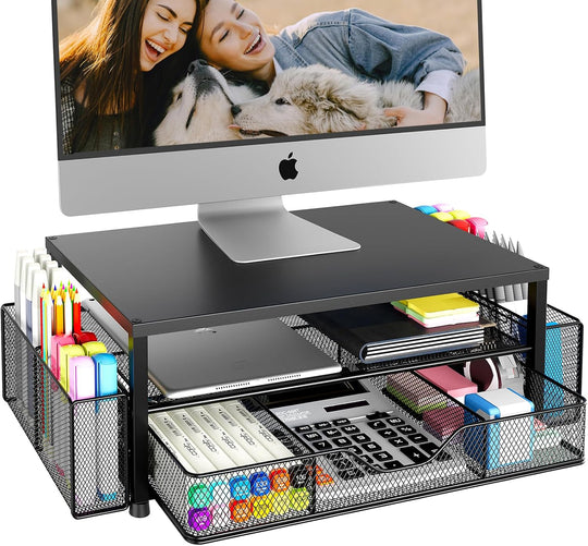2-Tier Computer Monitor Stand Riser with Drawer, 2 Pen Holders and Desk Organizer - 14" x 9.1" x 5.6" / Black 1-Pack