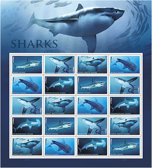 USPS Sharks One Sheet Forever Stamps - Sheet of 20 First Class Forever Stamps