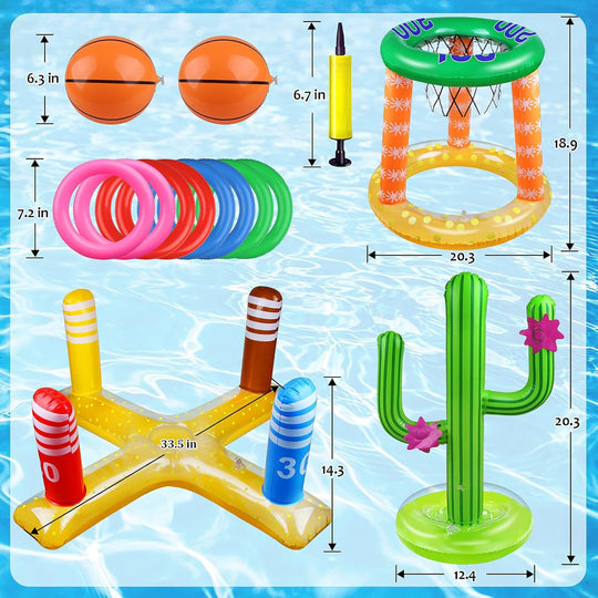 Inflatable Pool Games Set with Basketball Hoop Rings, Toss Games, and Balls