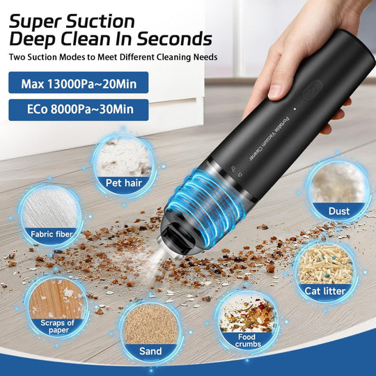 Cordless Handheld Vacuum – Portable Cleaning Use – 13000Pa Suction with 2 Modes – Includes 2 HEPA Filters – Rechargeable for Car, Home, Office & Pet Hair – Black