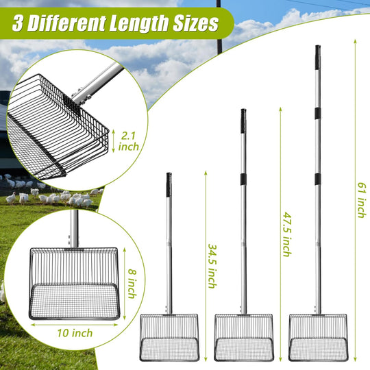 3-in-1 Chicken Coop Scooper – Adjustable Long Handle Use – Metal Sifting Shovel for Poultry Litter Cleaning – Durable Farming Tool