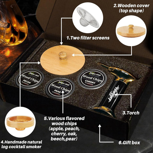 Cocktail Smoker Kit with Torch – Drink Infusion Use – Includes 6 Wood Chip Flavors – Whiskey & Cocktail Smoking Kit – No Butane Included