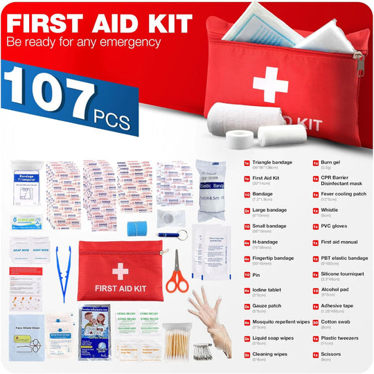 107-Piece First Aid Kit – Compact Emergency Kit for Home, Car & Travel – Lightweight Trauma & Survival Kit for Hiking, Camping, Sports & Outdoor Use