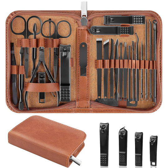 26-Piece Manicure and Nail Clipper Set for Men and Women with Storage Case - Brown