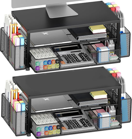 2-Tier Computer Monitor Stand Riser with Drawer, 2 Pen Holders and Desk Organizer