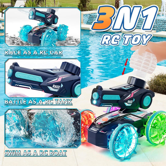 Amphibious RC Car - 4WD Remote Control Truck - Waterproof with Water Spray for Kids