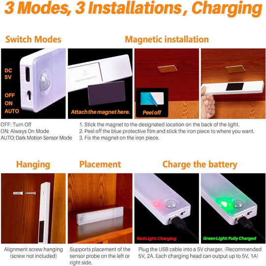 2-Pack 8in Motion Sensor Under Cabinet Lights – Rechargeable Magnetic LED Closet Lighting