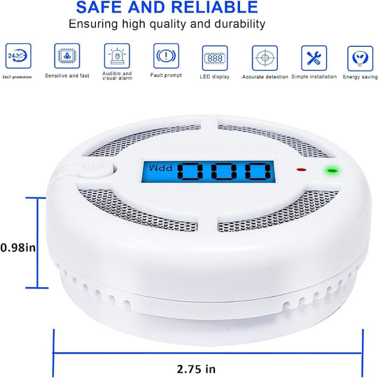  2-Pack Carbon Monoxide Detectors with LED Display, Battery Powered CO Alarm