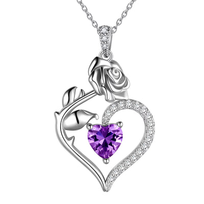 925 Sterling Silver Birthstone Necklace -  Rose Flower Heart Pendant with Chain