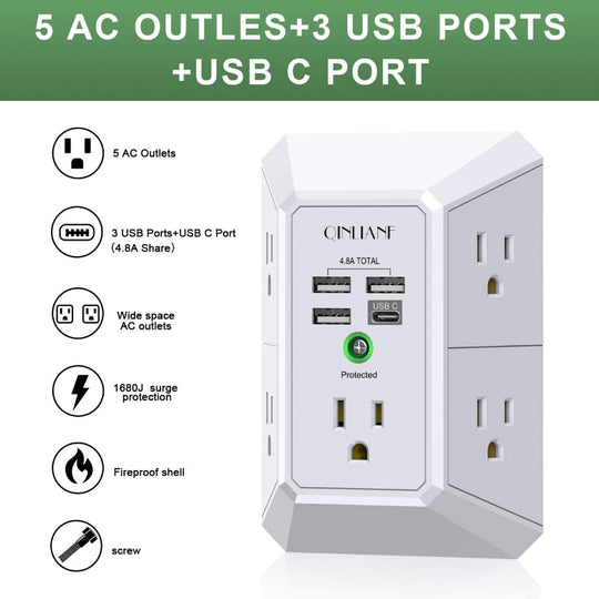 Wall Charger Surge Protector, 5-Outlet Extender with 4 USB Ports (4.8A), 1680J Power Strip
