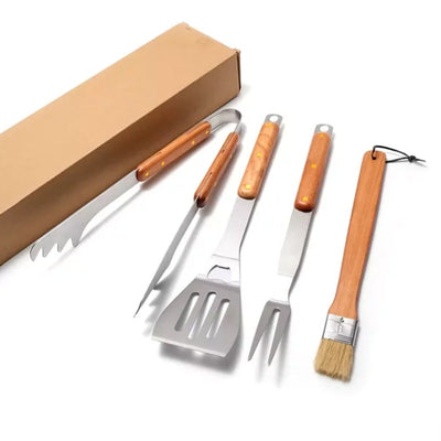 4Pc Stainless Steel Grill Accessories Kit with Spatula, Fork, Brush & BBQ Tongs