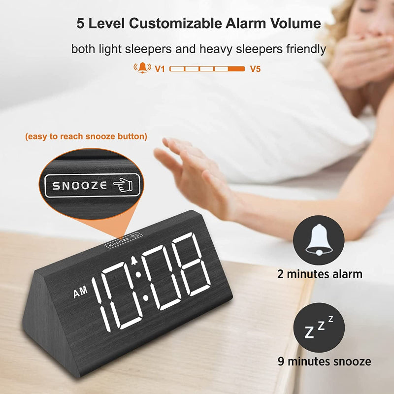 Wooden Digital Alarm Clock with USB Port, Loud Alarm, Dimmer, and Snooze Function