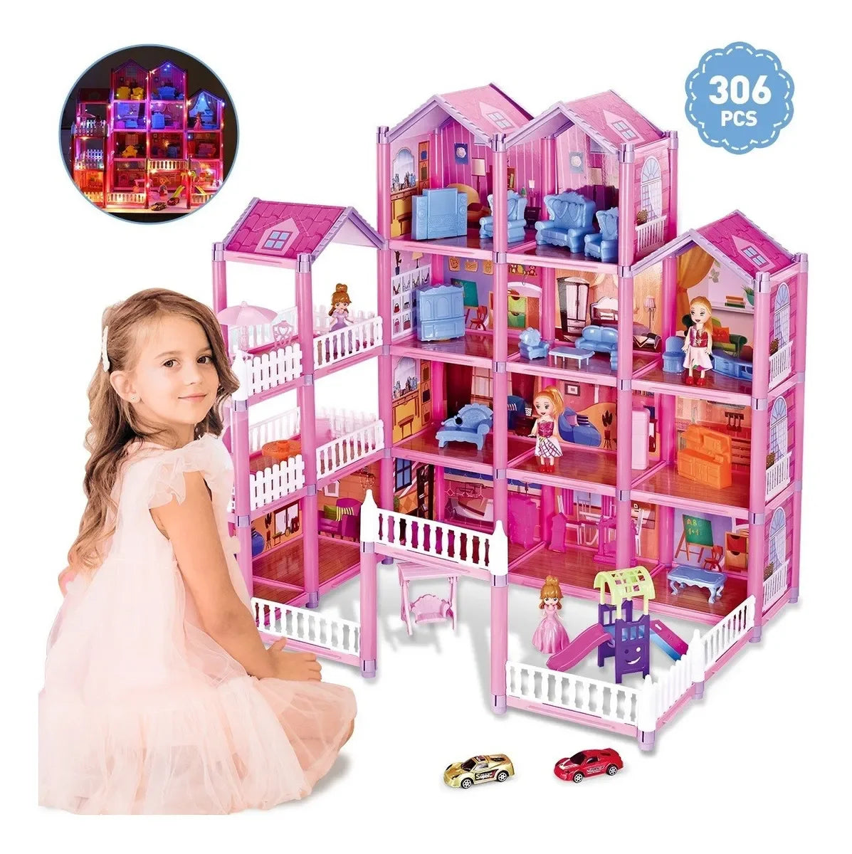 Dollhouse with Colorful Light, Pretend Play MultiRooms & 2 Dolls