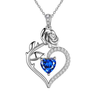 925 Sterling Silver Birthstone Necklace -  Rose Flower Heart Pendant with Chain