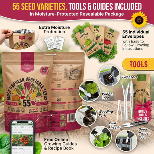 55-Pack Vegetable & Fruit Seeds – 35,600+ Non-GMO Heirloom Varieties – Individual Seed Packets for Planting – Home Garden, Hydroponic, Indoor & Outdoor Use