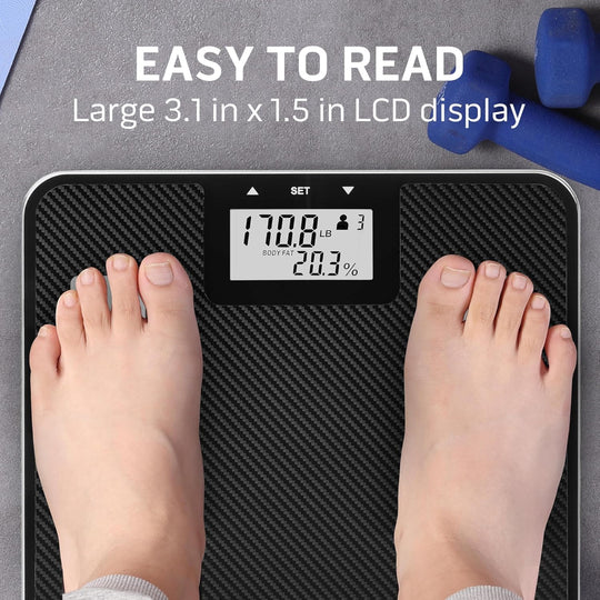 Digital Body Composition Scale – BMI, Body Fat & Water Analyzer, Multi-User Tracking, Step-On Carbon Fiber Platform, Backlit Display, 450 lb Capacity