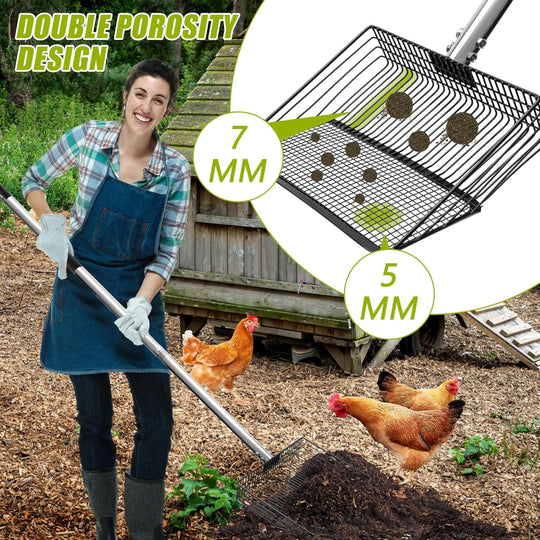 3-in-1 Chicken Coop Scooper – Adjustable Long Handle Use – Metal Sifting Shovel for Poultry Litter Cleaning – Durable Farming Tool