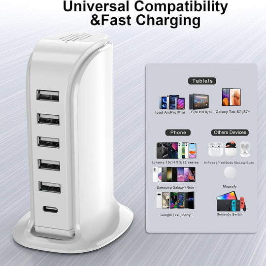 Charging Station for Multiple Devices, 5 USB + 1 Type-C Fast Charger for Home & Office