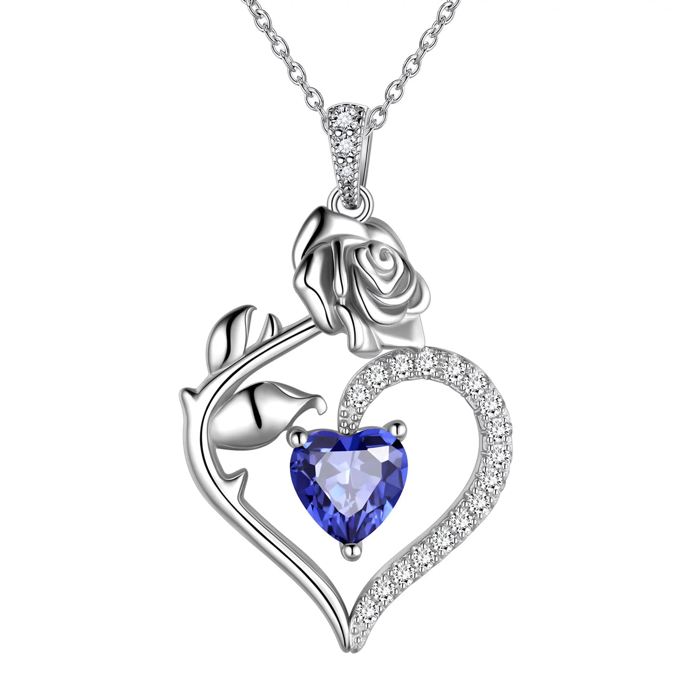 925 Sterling Silver Birthstone Necklace -  Rose Flower Heart Pendant with Chain