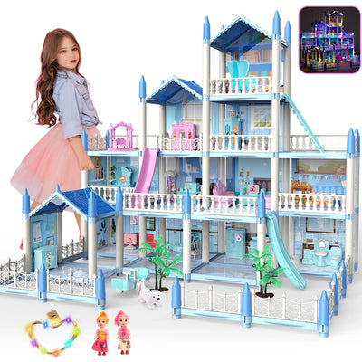 Dollhouse with Colorful Light, Pretend Play MultiRooms & 2 Dolls