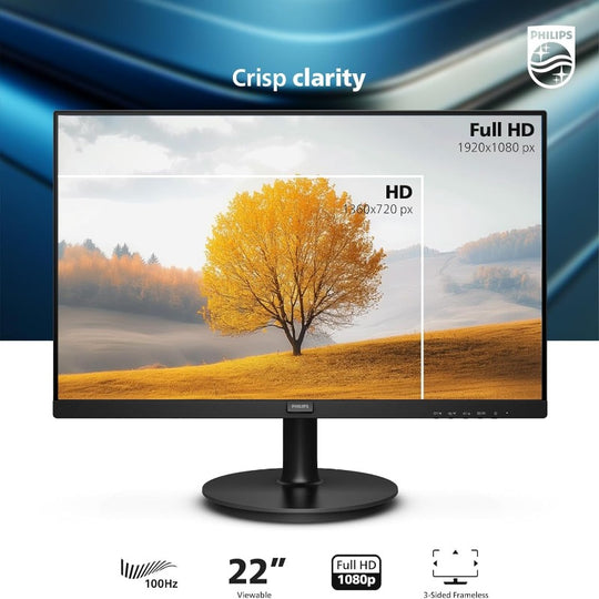PHILIPS 22" Monitor, 100Hz Refresh Rate, VESA, HDMI x1, VGA x1, LowBlue Mode, Adaptive Sync