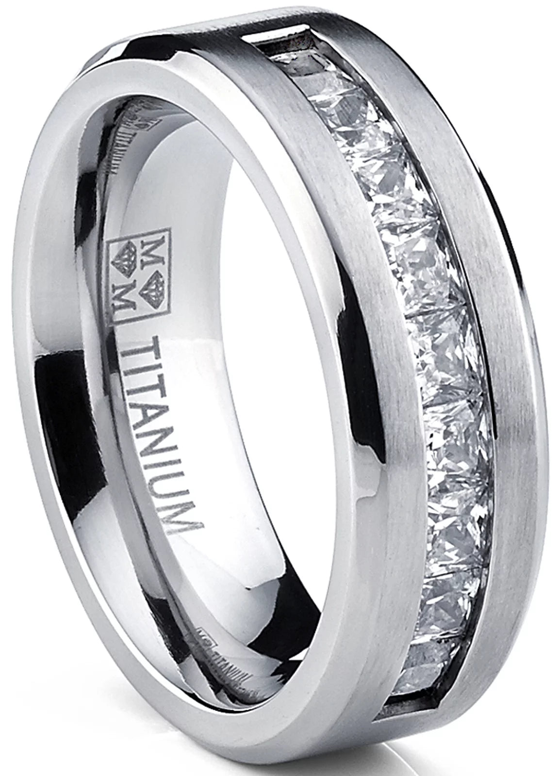 Titanium Men's .9Ct Wedding Band Engagement Ring with 9 Large Princess Cut Cubic Zirconias